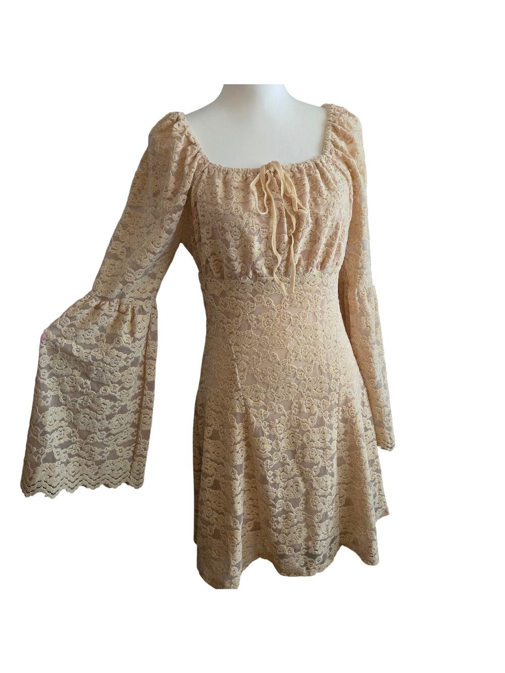 Coquette Romantic Velvet Lace Overlay Flare Sleeve Babydoll Dress S Cream NWT